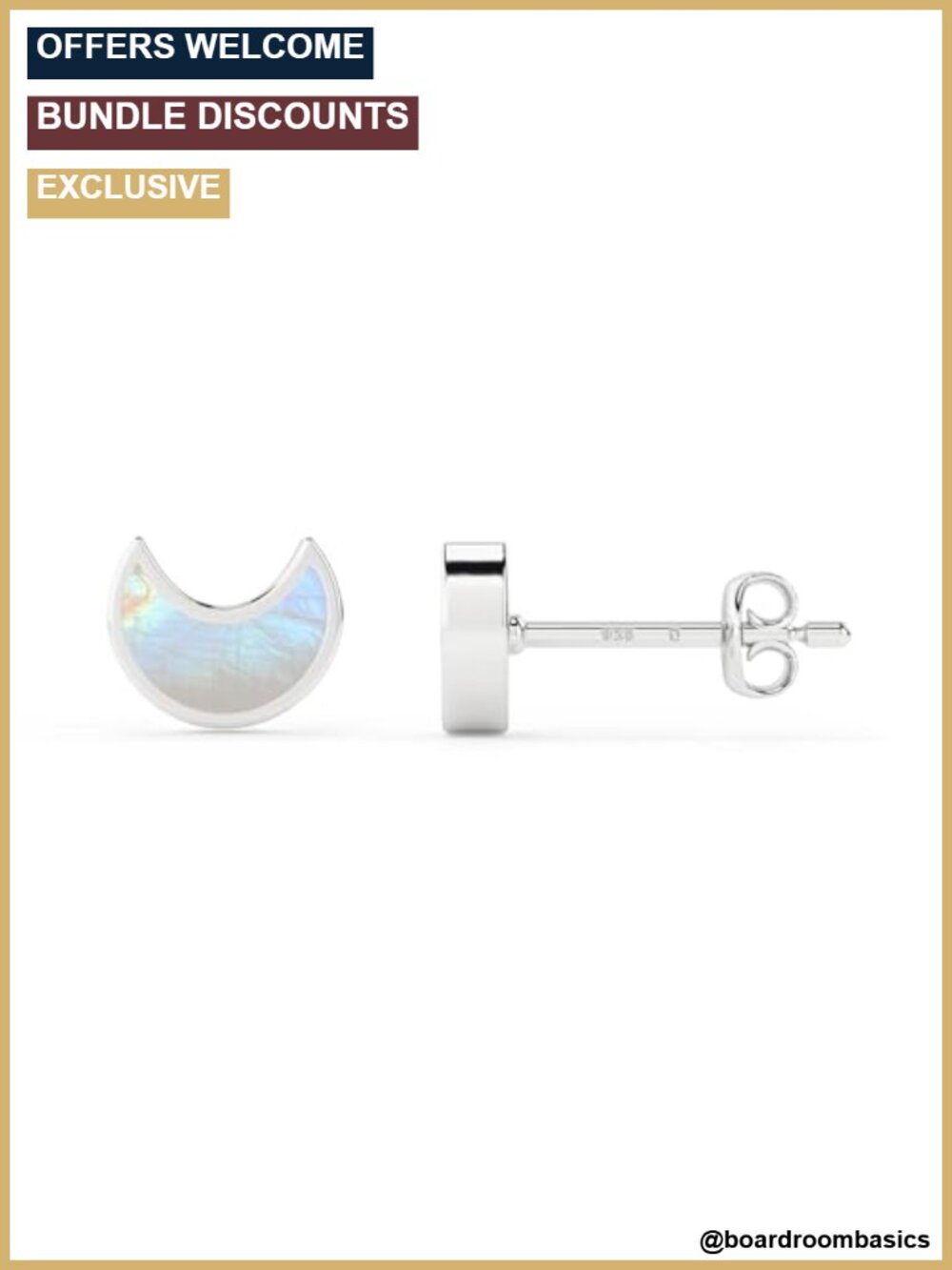 Natural Rainbow Moonstone Moon Stud Earrings Sterling Silver